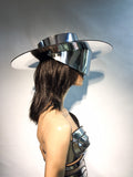 Asymmetric and Futuristic chrome Zorro big hat ,Big brim ,floppy hat ,fedora ,including see through mirror visor