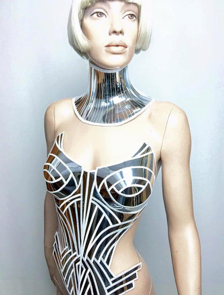 chrome metropolis corset sci fi costume metal corset  burlesque fetish cyberpunk futuristic clothing divamp couture  goddess burningman