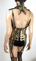 Meccano goud korset burlesque fetish pvc steampunk cosplay pantser scifi kleding futuristische cybergothische gothic lady gaga brandende man