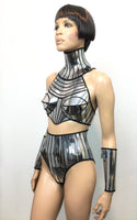 Chrome embroidered High waisted shorts bottom , chrome shorts,silver bottoms, short pants , futuristic chrome embroidered high waist bottom