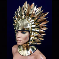 Cleopatra Egyptian goddess metallic headpiece in chrome or gold futuristic hairdress