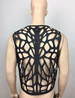 MEN futuristic rubber vest waistcoat hand cut butterfly motif made for men burningman