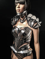 organic shaped corset in chrome and clear pieces,robot costume, futuristic cosplay corset , sci fi costume, lady gaga corset , burning man