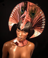 Peacock goddess metallic headpiece, futuristic hairdress