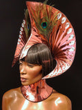 Peacock goddess metallic headpiece, futuristic hairdress