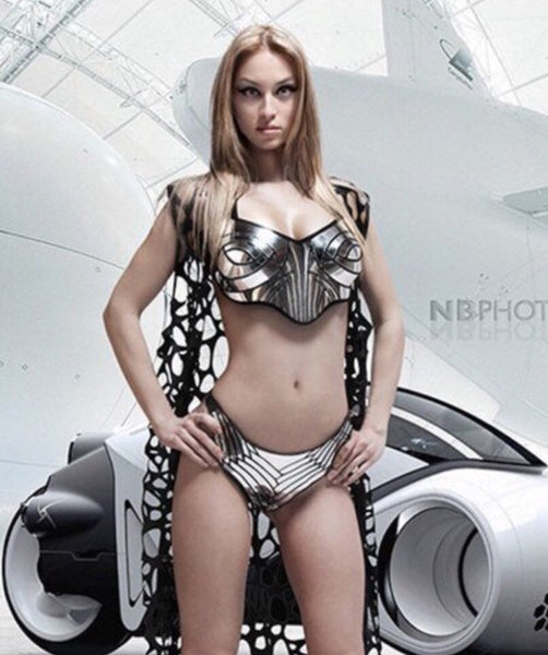 chrome bustier corset top, futuristic top, silver bra, rave costume, cybergoth, futuristic clothing, ready made