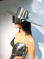 Asymmetric and Futuristic chrome Zorro big hat ,Big brim ,floppy hat ,fedora ,including see through mirror visor