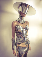 Asymmetric and Futuristic chrome Zorro big hat ,Big brim ,floppy hat ,fedora ,including see through mirror visor