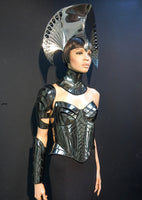 Peacock goddess metallic headpiece, futuristic hairdress