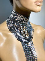 Fringe collar ,chocker , necklace with tassels 32 inch long ,silver chrome metallic and black fringes.