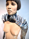 futuristic costume armadillo armour segmented neck and shoulder, cyber arm, shoulder armor