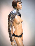 futuristic costume armadillo armour segmented neck and shoulder, cyber arm, shoulder armor