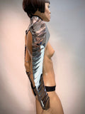 futuristic costume armadillo armour segmented neck and shoulder, cyber arm, shoulder armor