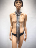 Fringe collar ,chocker , necklace with tassels 32 inch long ,silver chrome metallic and black fringes.