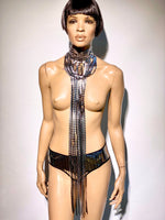 Fringe collar ,chocker , necklace with tassels 32 inch long ,silver chrome metallic and black fringes.