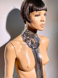 Fringe collar ,chocker , necklace with tassels 32 inch long ,silver chrome metallic and black fringes.