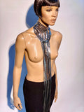 Fringe collar ,chocker , necklace with tassels 32 inch long ,silver chrome metallic and black fringes.