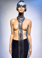 Fringe collar ,chocker , necklace with tassels 32 inch long ,silver chrome metallic and black fringes.