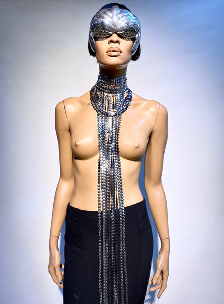 Fringe collar ,chocker , necklace with tassels 32 inch long ,silver chrome metallic and black fringes.