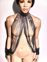 Fringe collar and cuffs, chocker, necklace with tassels to cuffs, silver chrome metallic and black fringes.