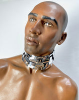 futuristic male posture collar, cyborg, punishment necklace