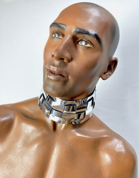 futuristic male posture collar, cyborg, punishment necklace