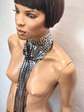 Fringe collar, chocker, 32 inches long, silver chrome, black back