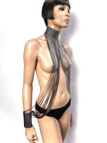 Fringe collar and cuffs, chocker, necklace with tassels to cuffs, silver chrome metallic and black fringes.