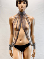 Fringe collar and cuffs, chocker, necklace with tassels to cuffs, silver chrome metallic and black fringes.