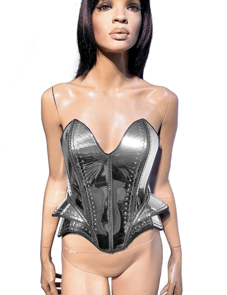 Detailed embossed corset, designed by Divamp Couture, steampunk robot prototype cosplay corset, sci fi costume, metal corset