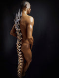 futuristic 5 feet chrome tail vertebra , column in silver chrome, stage costume, burning man, designer wear
