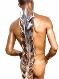 futuristic 5 feet chrome tail vertebra , column in silver chrome, stage costume, burning man, designer wear