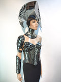 2 piece cyborg cyber robot, single arm, futuristic spartan armor divamp couture, cyberpunk