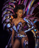 Futuristic fembot robot top, futuristic clothing, rave festival costume, designer wear, burning man