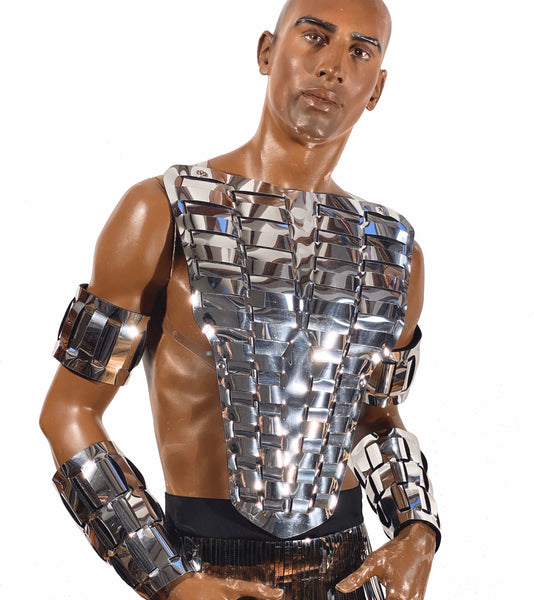 woven warrior breastplate, MET gala outfit, futuristic armor, bust plate, gladiator