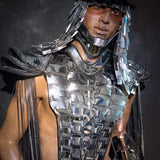 woven warrior breastplate, MET gala outfit, futuristic armor, bust plate, gladiator