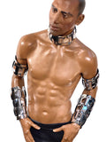 Chunky Woven Chrome Slave Cuffs 4X, Silver Gloves, Male Metal Arm Cuffs