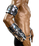 Chunky Woven Chrome Slave Cuffs 4X, Silver Gloves, Male Metal Arm Cuffs