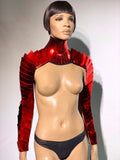 futuristic costume armadillo armour segmented neck and shoulder, cyber arm, shoulder armor