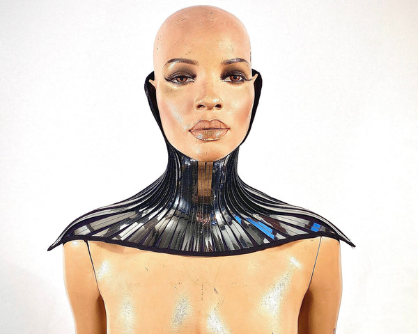 Omkeerbare hoge houdingskraag, korsetketting met baleinen, metalen gotische choker fetish steampunk cyber goth lacer