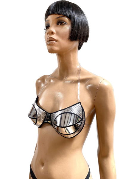 rave bra, cybergoth top, futuristic costume, metallic top, divamp couture
