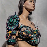 computer love bustier , corset top, futuristic robot top, computer circuits top, upcicle , recicle