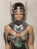 computer love bustier , corset top, futuristic robot top, computer circuits top, upcicle , recicle