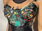 computer love bustier, futuristic costume corset top, robot top, computer circuits ,made with upcycled computer components burning man