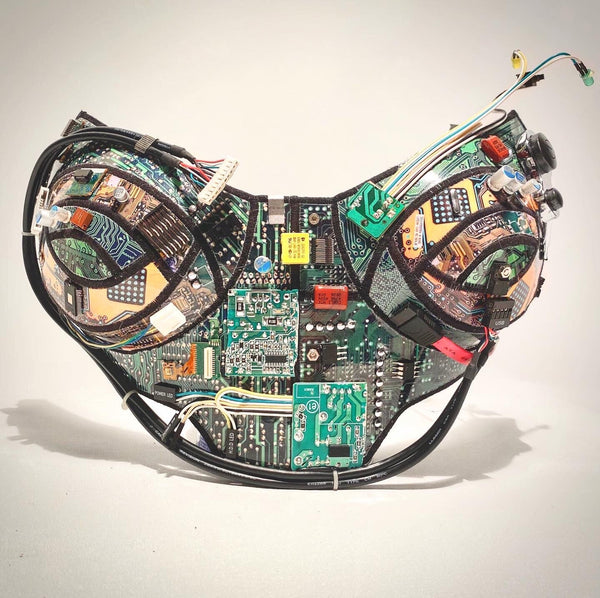 computer love bustier, futuristic costume corset top, robot top, computer circuits ,made with upcycled computer components burning man