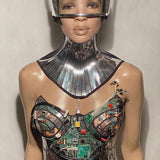 computer love bustier , corset top, futuristic robot top, computer circuits top, upcicle , recicle