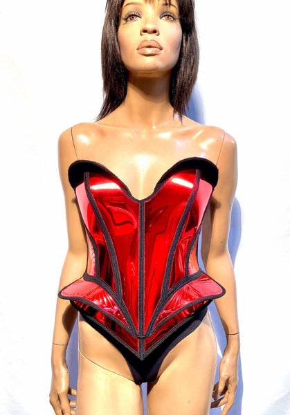 Single color fantasy bust plate with embossed design. Female robot costume. Burlesque metal corset front plate.