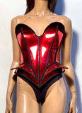 Single color fantasy bust plate with embossed design. Female robot costume. Burlesque metal corset front plate.