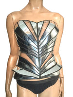 organic shaped corset in chrome and clear pieces,robot costume, futuristic cosplay corset , sci fi costume, lady gaga corset , burning man