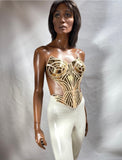 Metropolis golden corset top. Futuristic metallic bustier. Sci fi costume in metal mirror effect. Robot or cyberpunk futuristic gear.